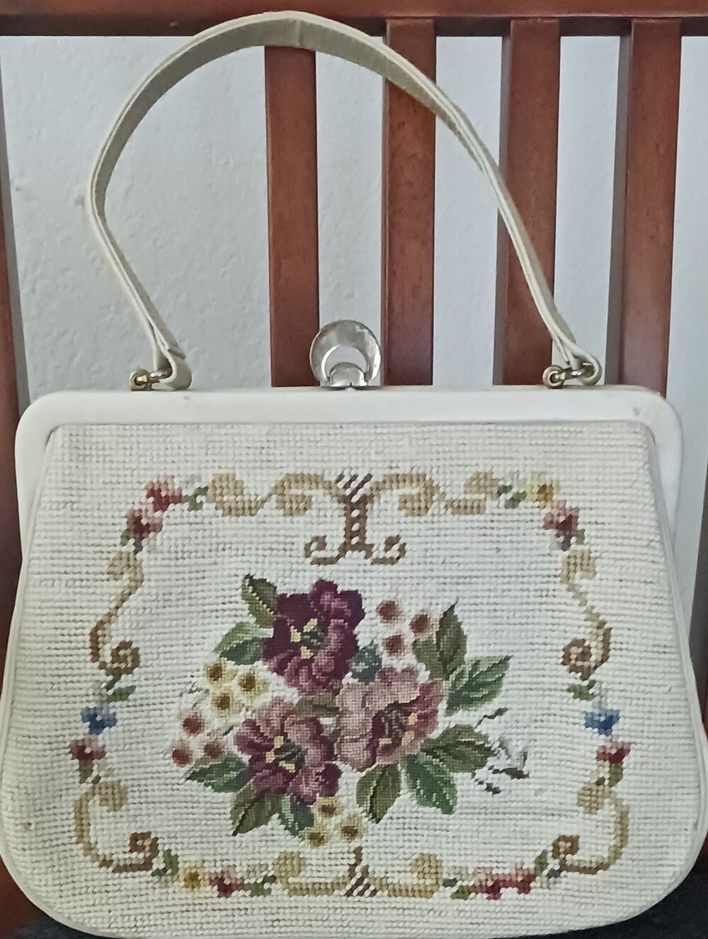 Vintage Floral Needlepoint Purse Purple & Green Floral Design On Ivory